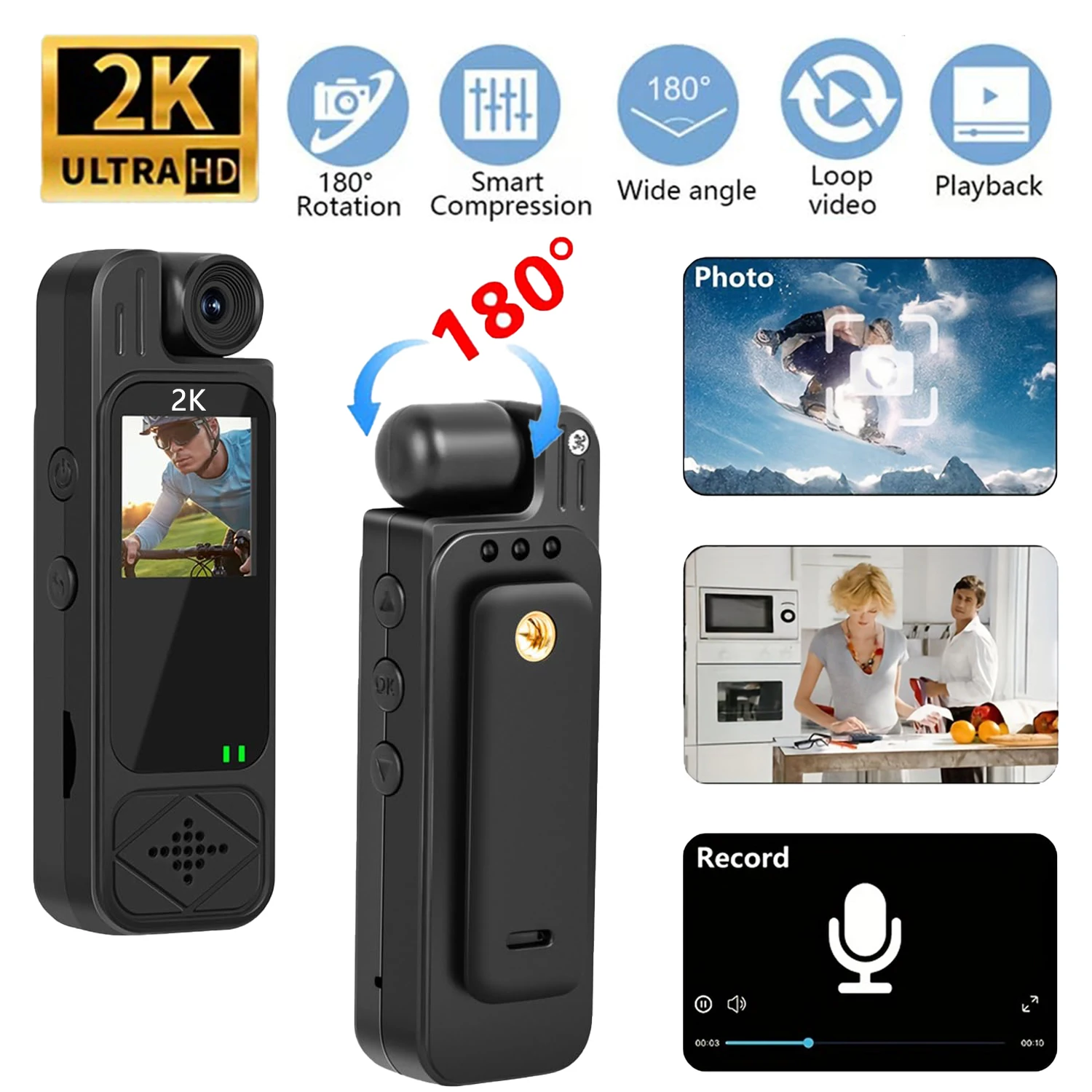 Mini videocamera sportiva HD 2K Videoregistratore digitale portatile esterno BodyCam Videocamera per polizia con visione notturna 180 ° Telecamera per bici rotante