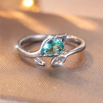 Luxury Female Green Water Drop Round Zircon Stone Ring Dainty Silver Color Wedding Jewelry For Women