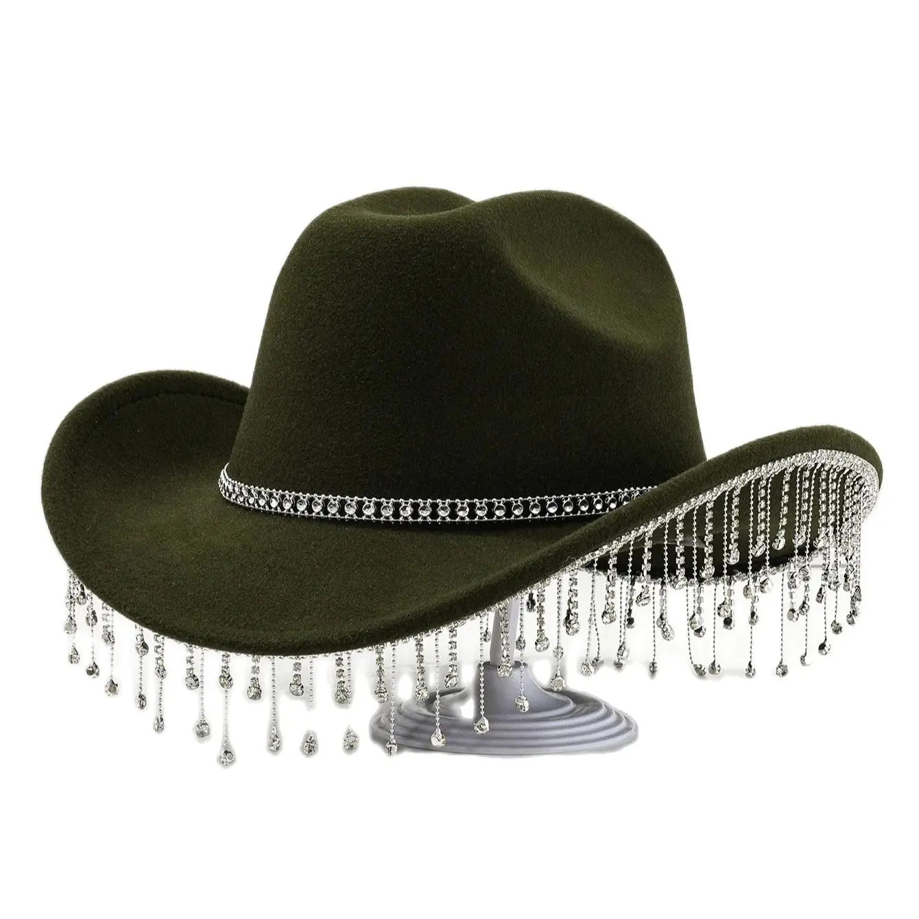 Western Cowboy Party Bridal Felt Water Diamond Chain Tassel Pendant Ball Top Hat Water Drop Gem Unique Sunshade Hat