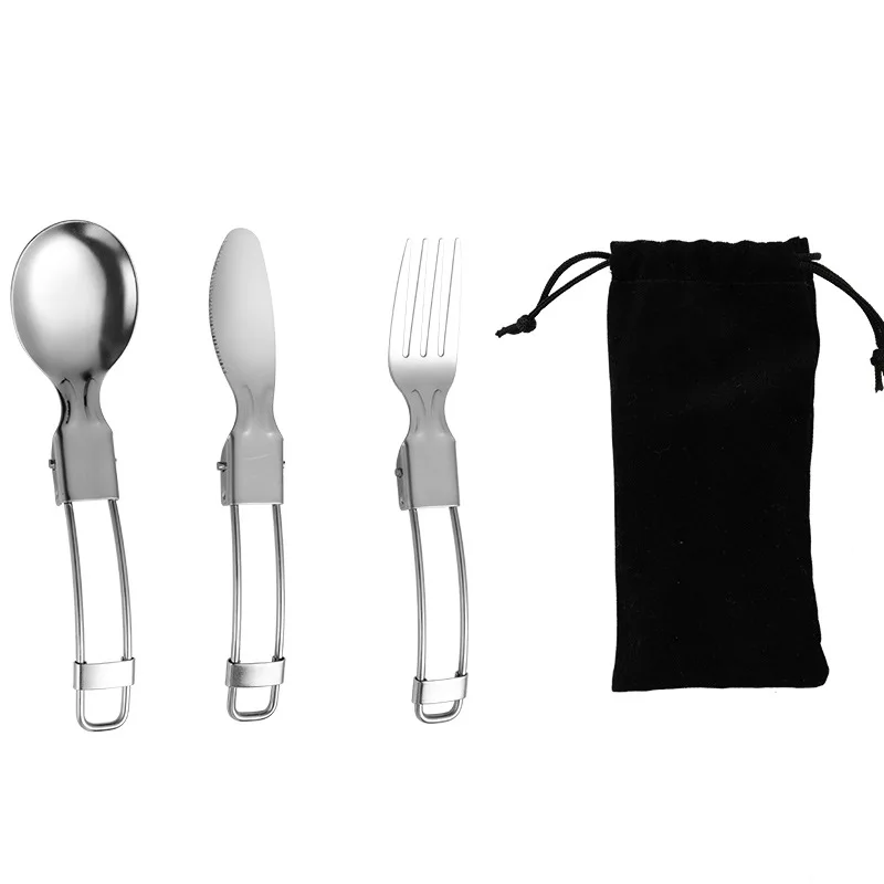 

3PCS Foldable Tableware Fork Spoon Knife set With Pouch 304 Stainless Steel Cutlery Fruit Dessrt Salad Forks For Ourdoor