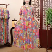 Retro Cotton Linen Print Dress Summer Short Sleeve Loose Elegant Long Dress
