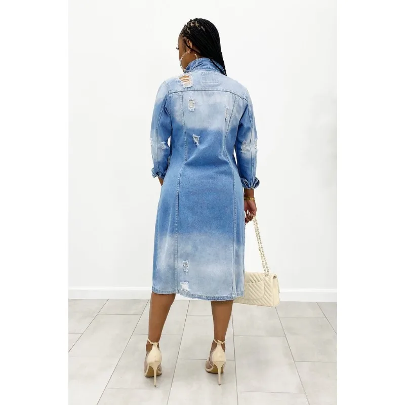 Vintage Ripped Hole Jean Long Sleeve Button Hole Long Jackets Outwear Y2K Clothes Women Autumn Winter Denim Trench Coats 2023