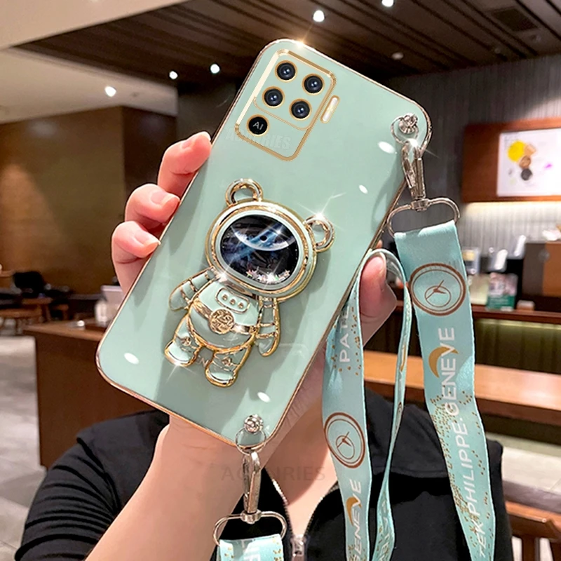 Reno5lite Crossbody Lanyard Plating Silicone Stand Case