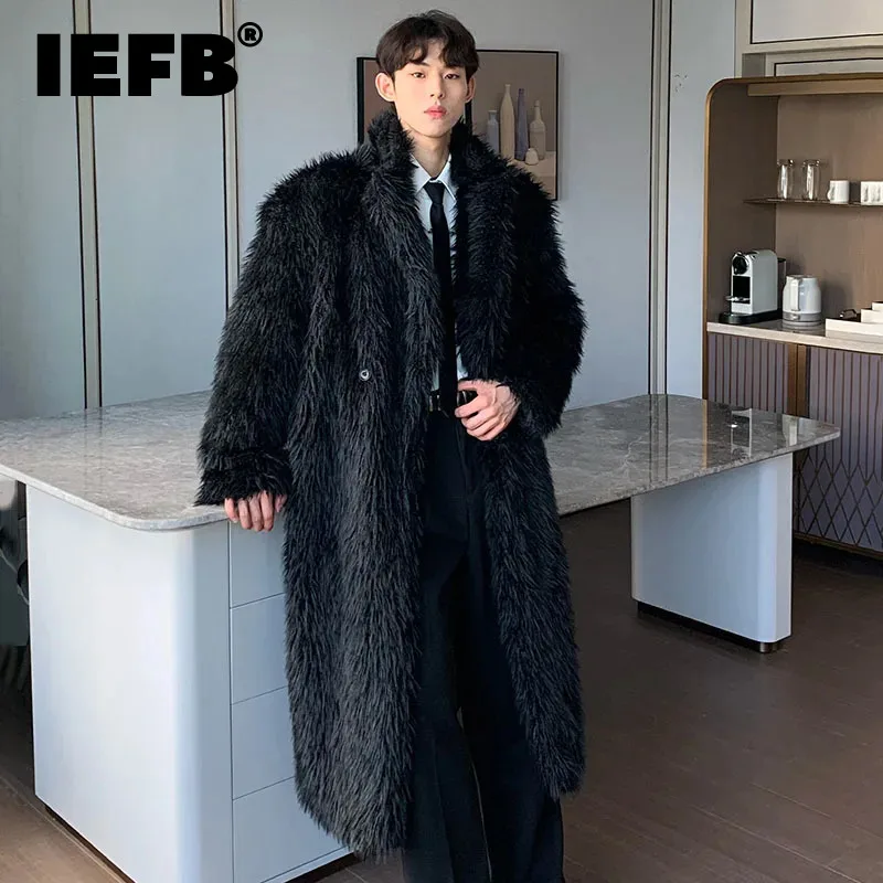 

IEFB Imitation Mink Fur Grass Men's Coat Korean Fashion Lapel Knee Length Solid Color Male Outerwear Chic Spring New 2024 9C4357