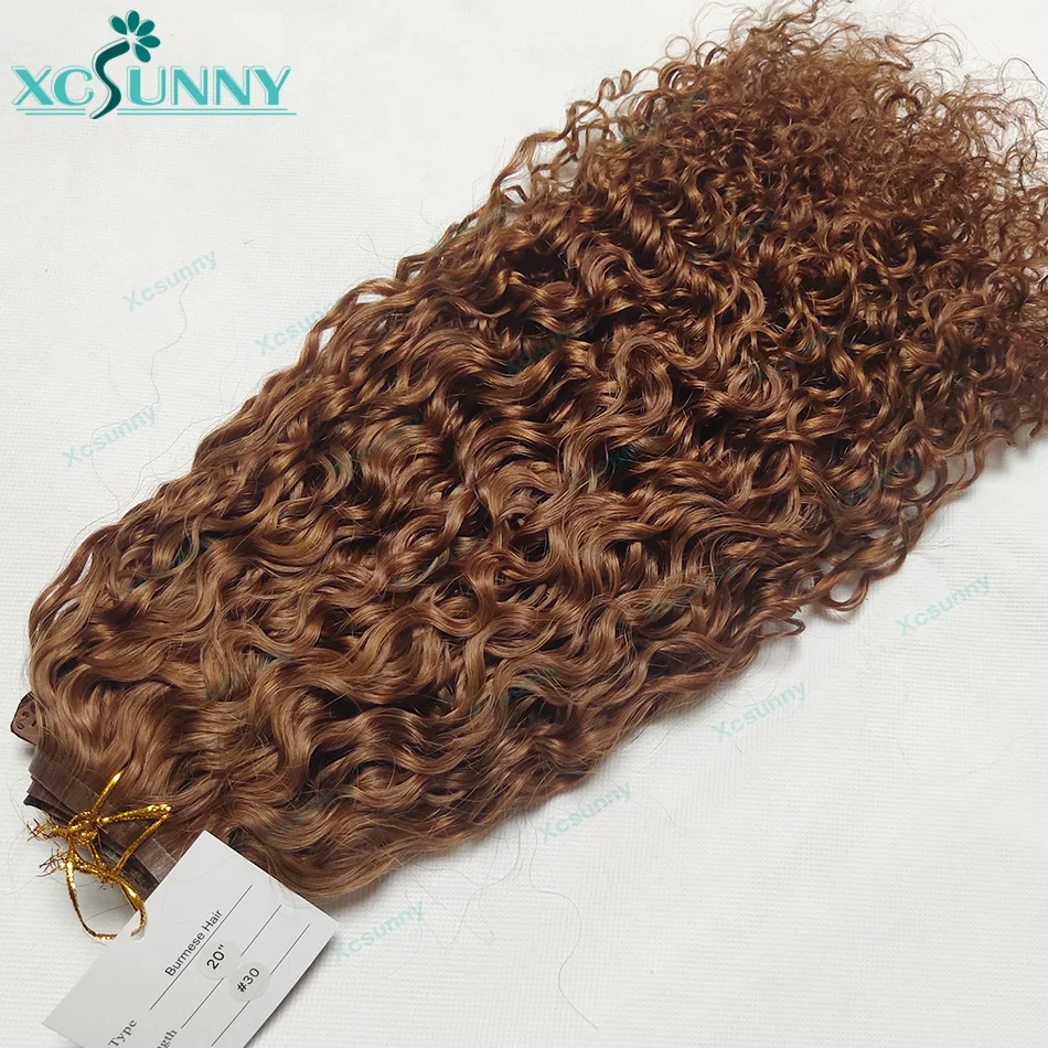 PU Clip Ins Human Hair Seamless 200g 240g Burmese Clip In Hair Extension Curly Color #30 #27 For Women 3