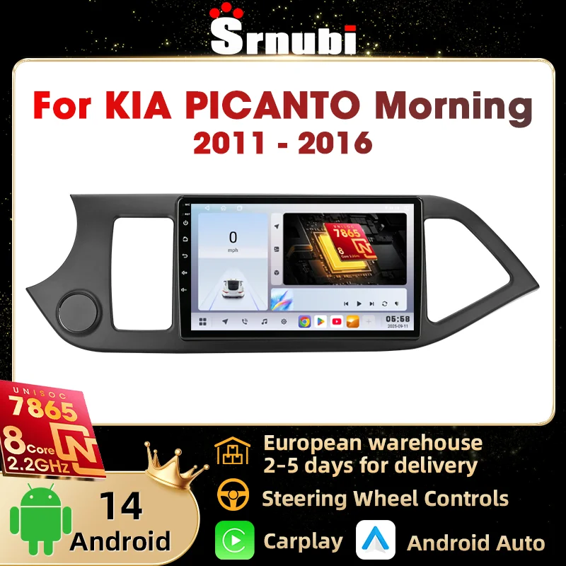 Reproductor multimedia Srnubi con navegación GPS inalámbrica Carplay Android para coche, radio para coche KIA PICANTO Morning 2 2011 - 2016, unidad principal estéreo de 9 pulgadas con 2 Din, UIS7865 DSP de 8 núcleos compatible con SWC, accesorios 1