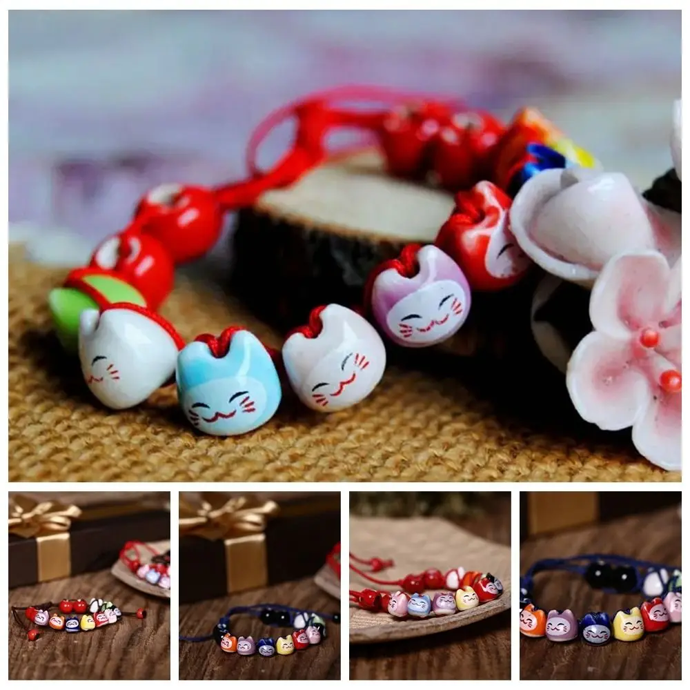 Lucky Cat Ceramic Maneki Neko Bracciale Stile Cinese Cat Bead Bracciale Red String Hand Rope Gifts For Children Adult Couple