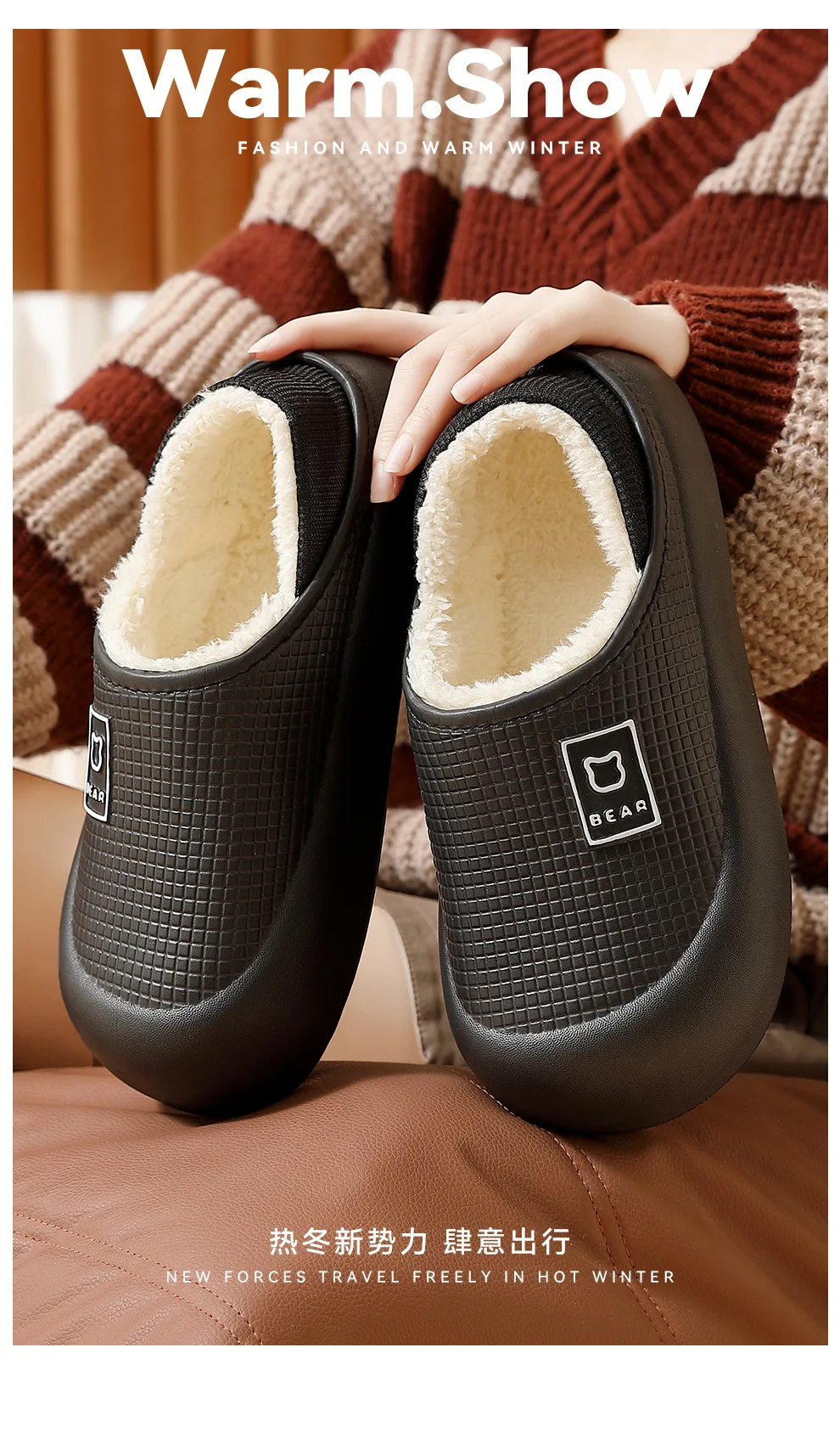 Shevalues Winter-Plüschfutter, Damen-Baumwoll-Hausschuhe, Plattform-Innenrutschen, pelzige, warme Home-Rutschen, wasserdichte, rutschfeste Hausschuhe – Detail 2
