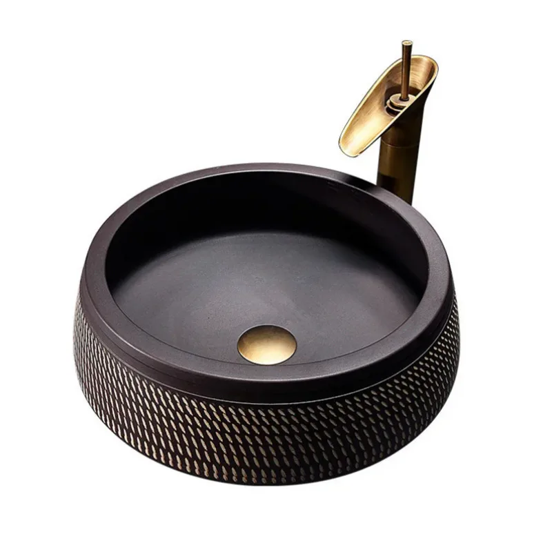 Antique Bathroom Sink Round Bowl Basin Washroom Ceramic Washbasin Balcony Countertop Art Basin with Faucet 4