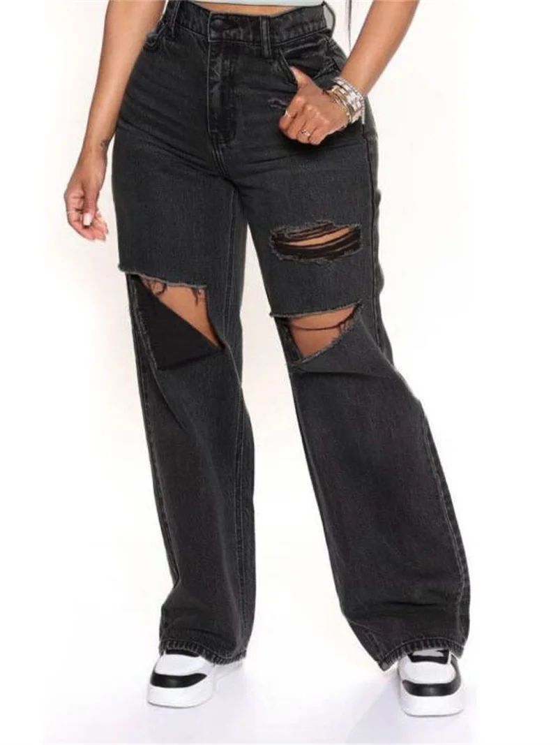 

High Waisted Ripped Y2K Baggy Jeans Denim Trousers Women Streetwear Pockets Casual Boyfriend Loose Wide Leg Black Straight Jeans