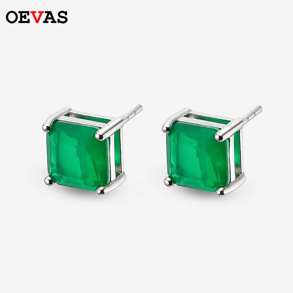 OEVAS Elegant 7*7mm Vintage emerald Stud Earrings Top quality Real 925 Sterling Silver Wedding Party Bride band jewelry Gifts