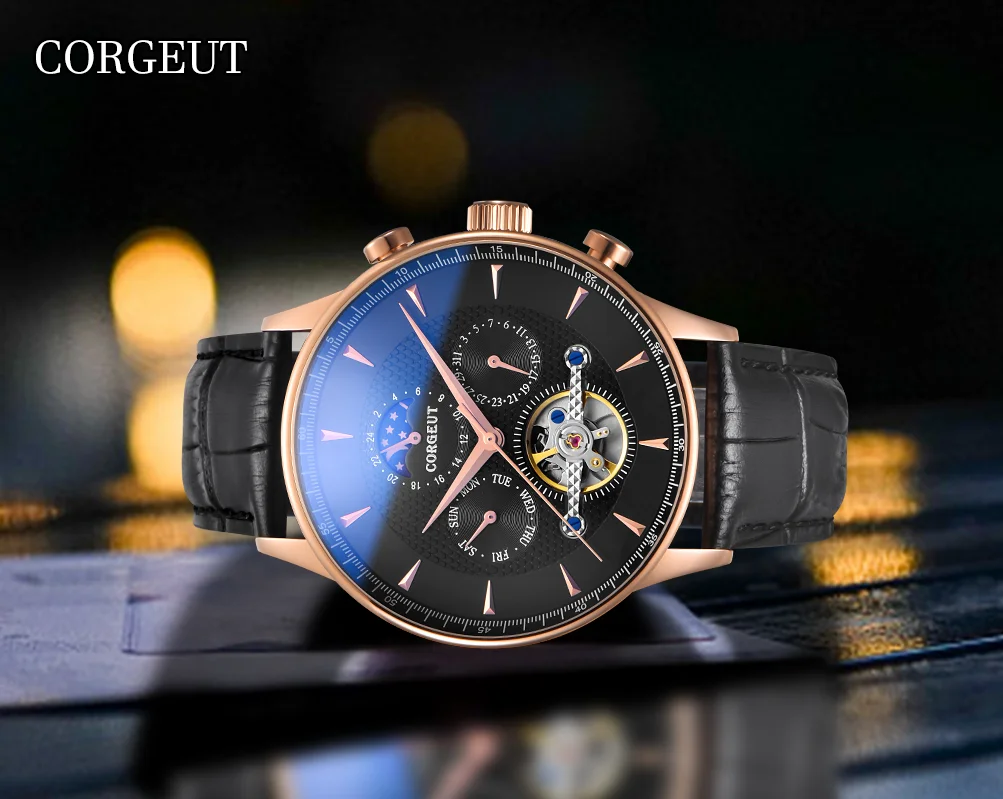 

CORGEUT News 44mm Business Fashion Luxury Watchs for Mans 50m Waterproof Mineral Glass Automatic Mechanical Week Date Moon Phase