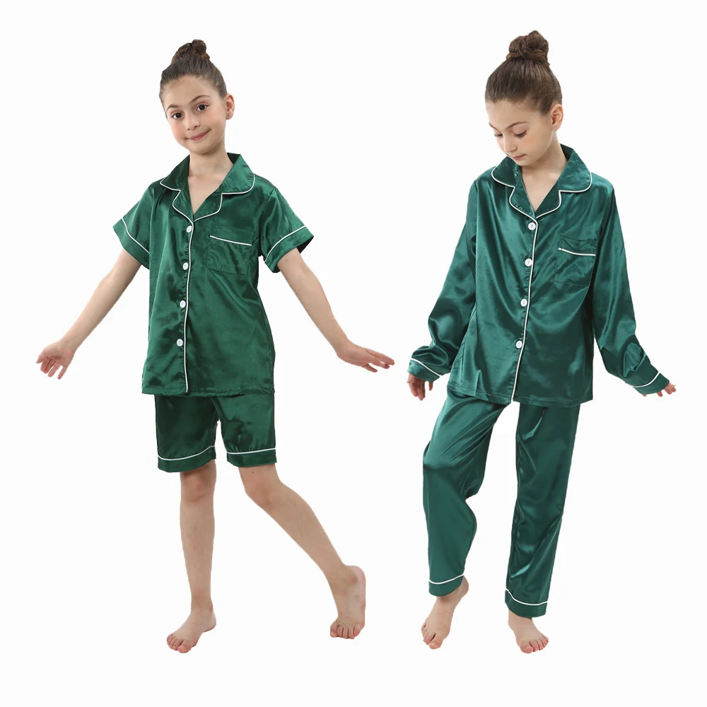 Kids Pajamas 2pcs Baby Boys Girls Silk Satin Top Pant Long sleeve Solid Button-Down Pyjamas Set