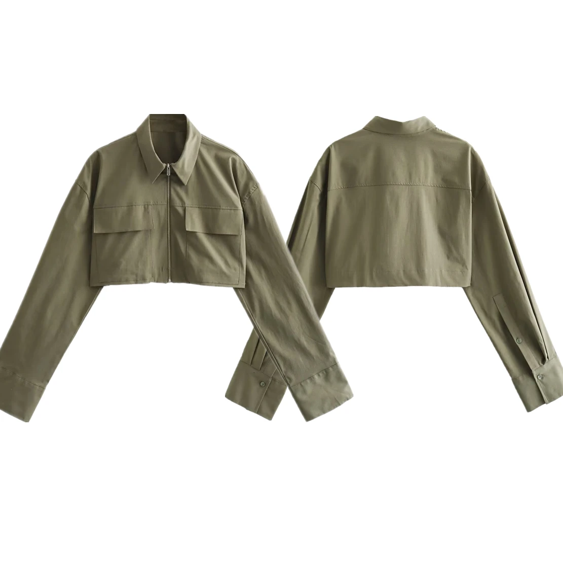Dave&Di Retro Army Green Street Fashion High Cropped Top Pocket Sexy Casual Shirt Women