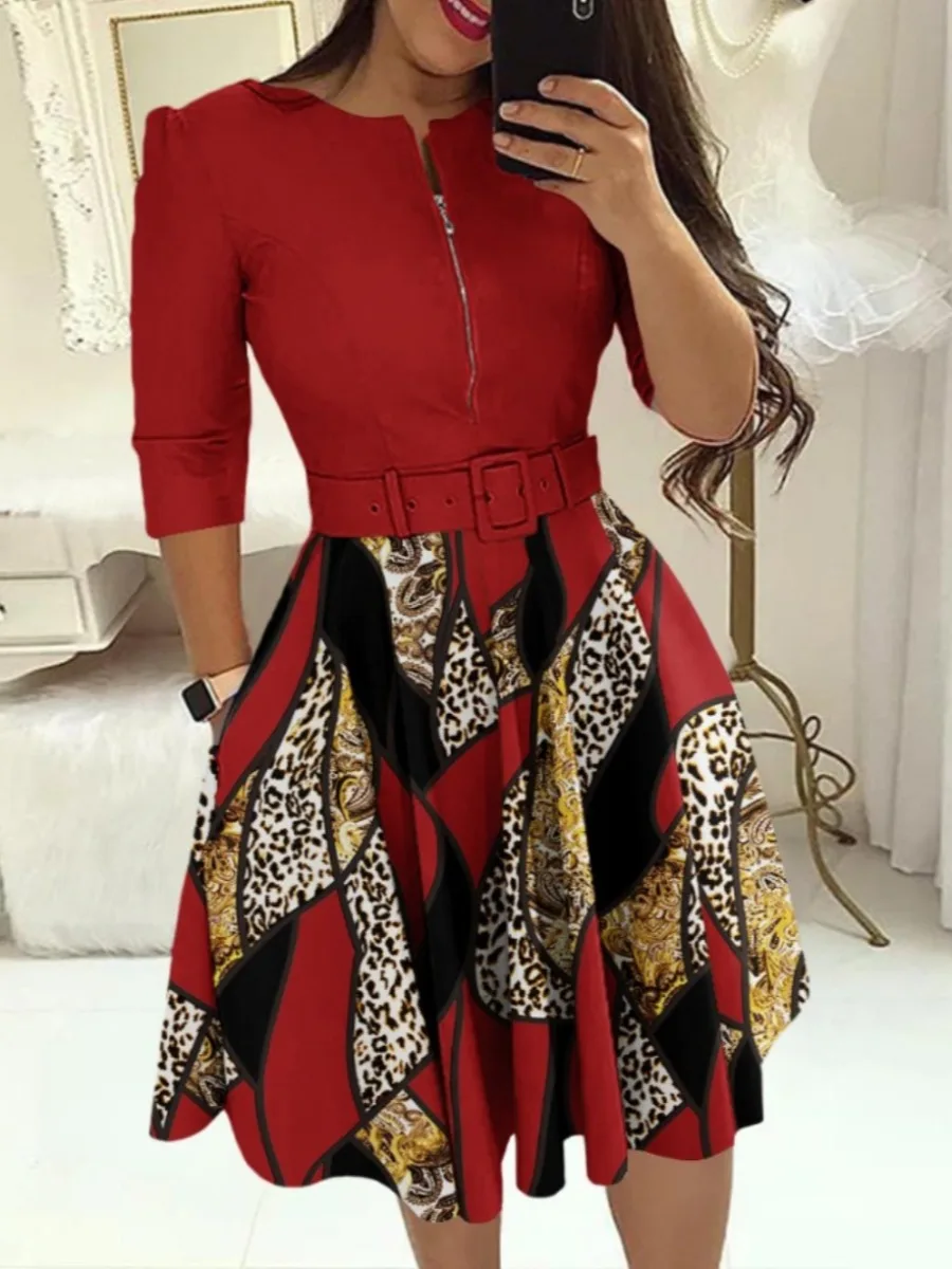 

LW Oversize Women's Fashion Casual Streetwear 2023 Autumn New Leopard Print Belt Design Mid Length Elegant A Line Dress L-3XL
