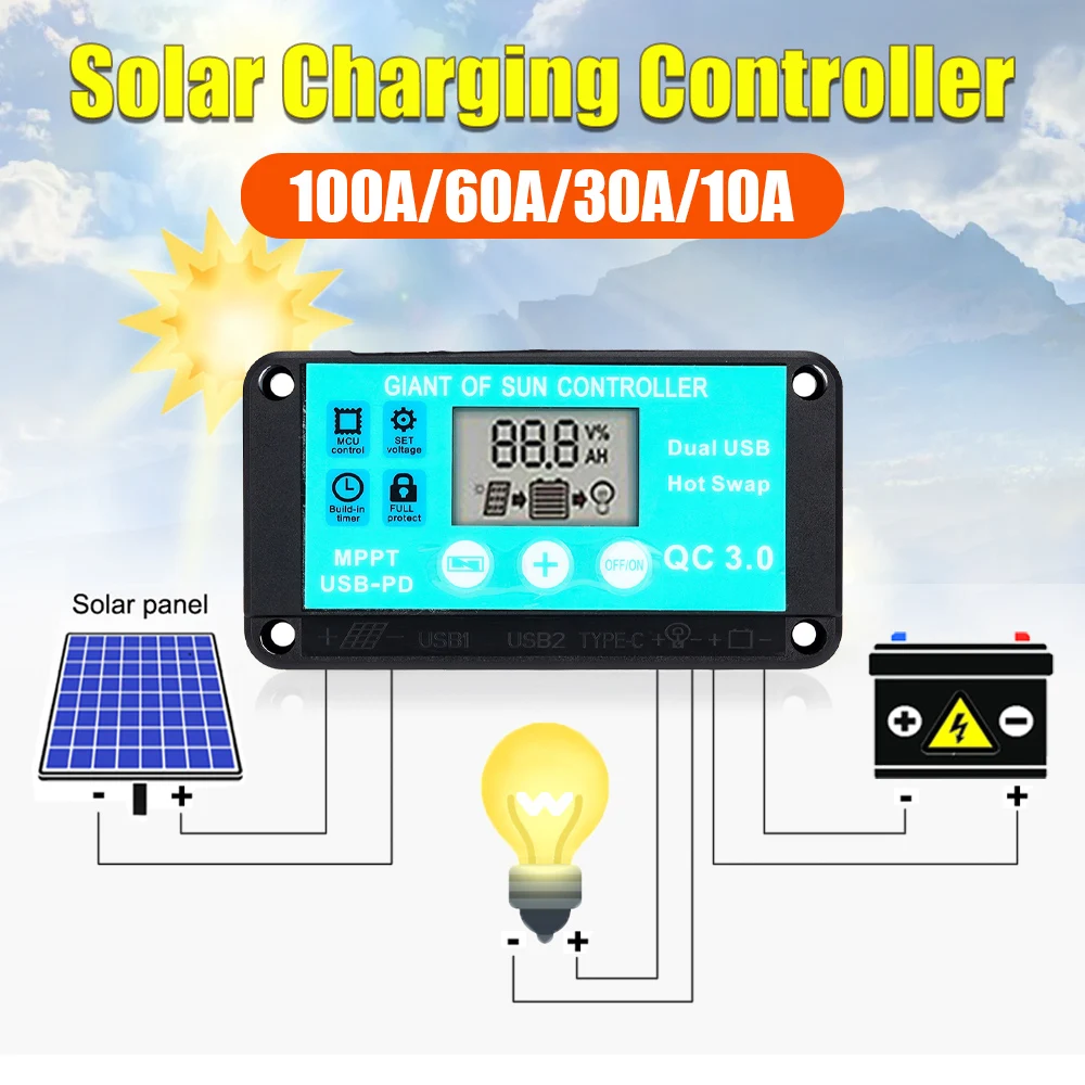 태양광 충전 컨트롤러, PWM 12V 24V 레귤레이터, 태양광 패널, PV 가정용 배터리 충전기, LCD 듀얼 USB, 5V 출력, 10A