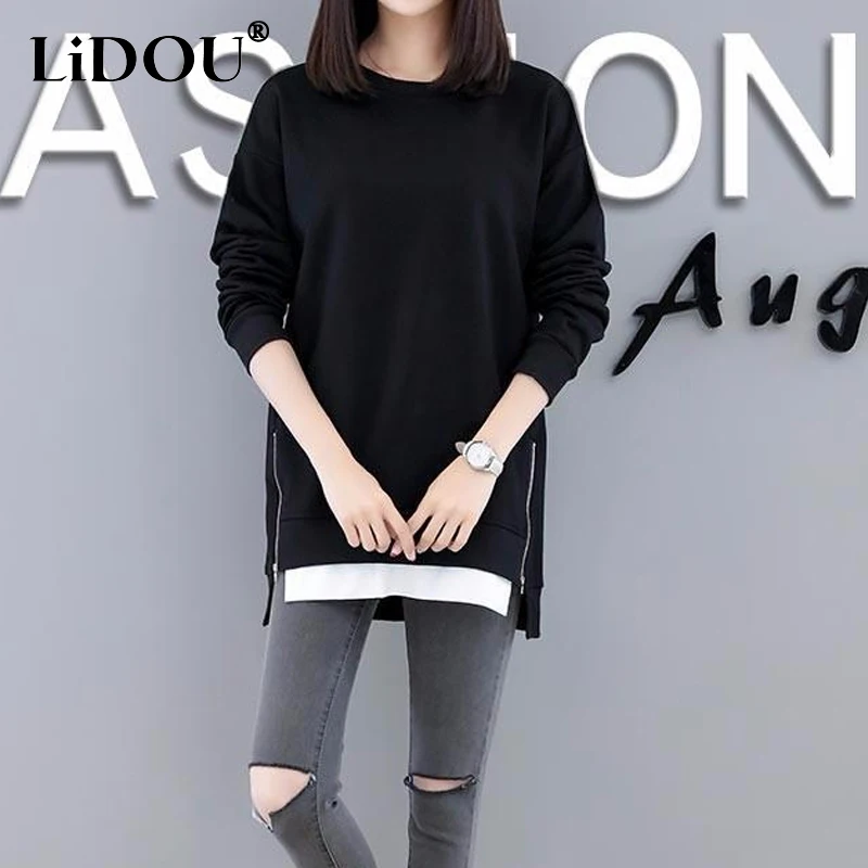 

2023 Spring Autumn New Oversize Round Neck Long Sleeve Zipper Pullovers Women Casual Loose Fashion All-match Mid-length Sweatshi