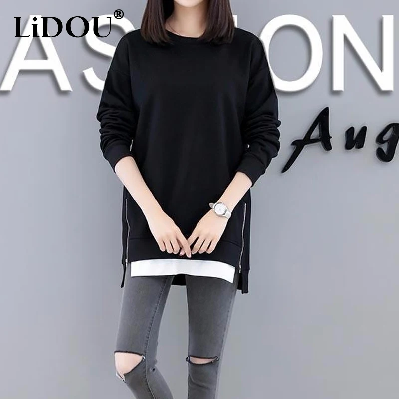 2023 Spring Autumn New Oversize Round Neck Long Sleeve Zipper Pullovers Women Casual Loose Fashion All-match Mid-length Sweatshi
