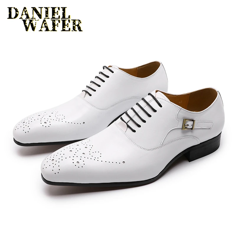 Zapatos Oxford de marca de lujo para hombre, calzado FORMAL cuero con cordones, Punta puntiaguda, para negocios y boda, color blanco, negro y marrón|Zapatos formales| - AliExpress
