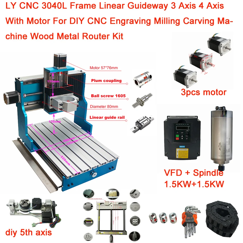 

LY CNC 3040L Frame Linear Guideway 3 Axis 4 Axis With Motor For DIY CNC Engraving Milling Carving Machine Wood Metal Router Kit