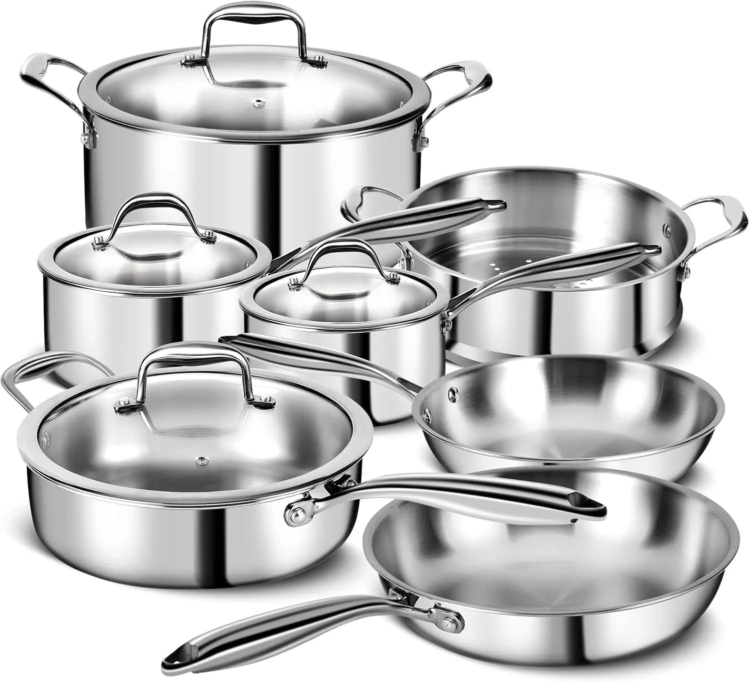 3 Ply Stainless Steel 11-Piece Cookware Set with Lids, Pots and Pans Kitchen Set, Non-Toxic, Induction, Oven, Dishwasher Safe, P
