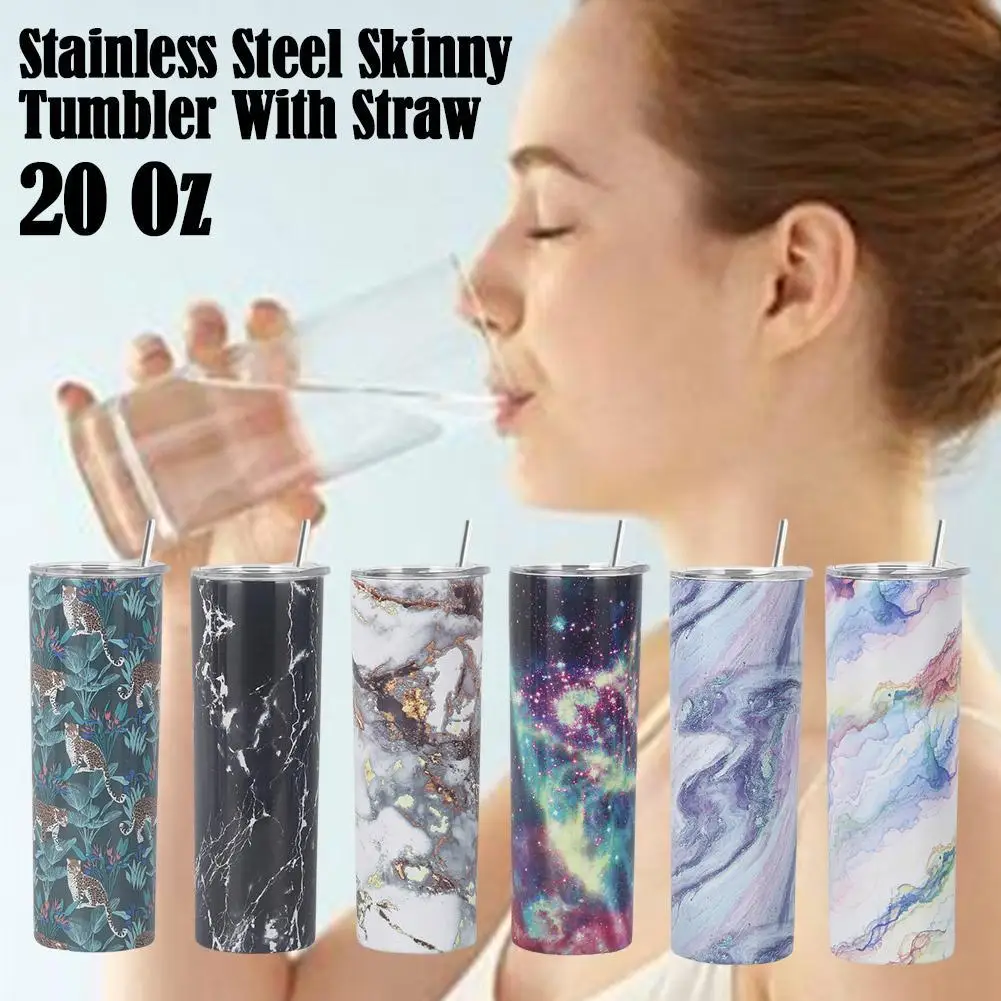 

20oz Marble Stainless Steel Skinny Tumbler With Lid Straw Double Wall Vacuum Insulated Straight Tumbler Cup With Straw