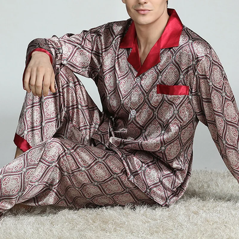 

Silk Autumn Sets Loungewear Satin Mens Loose Homewear New Casual Pajamas Print Nightgown Pajama Nightwear Pijamas Sleepwear