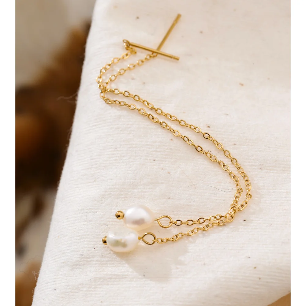 Yhpup Earrings Stainless Steel Natural Pearls Long Hanging