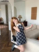 Onalippa Vintage Plaid Mini Dress Women Waist Belt Polo Collar Sleeveless A Line Dresses High Street Contrast Vestidos - Image 5