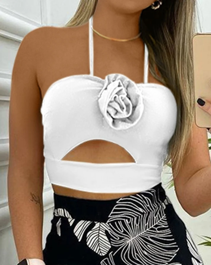 2024 Women's Casual Complete Collar with Hollow Rose Details Halter Top&tropical Printed Split Wide Leg Pants Set