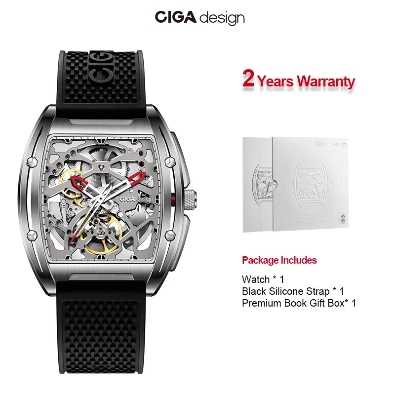 CIGA Design セガデザイン-男性用スケルトン自動時計、316lステンレス