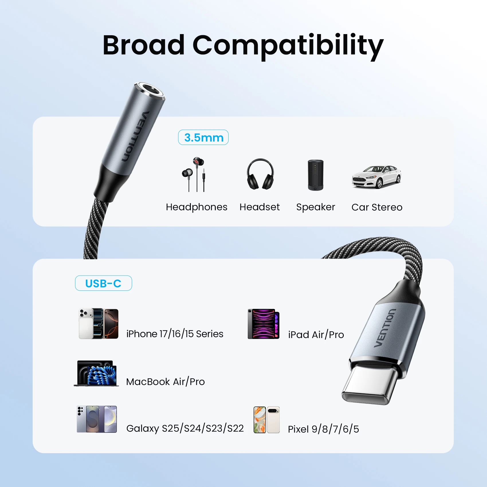 벤션 USB 타입 C - 3.5mm 이어폰 어댑터 잭 헤드폰 USB C 케이블 Aux 오디오 케이블 어댑터 (아이폰 17, 16, 삼성 S24 호환)