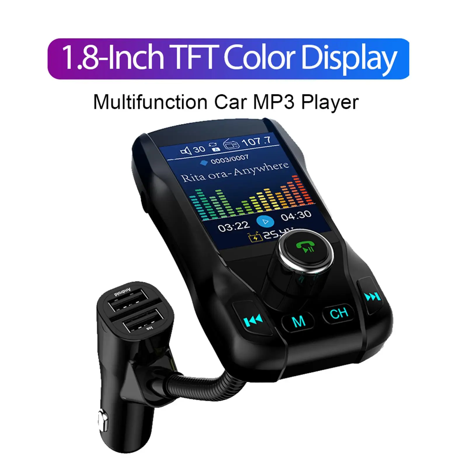 Bluetooth 5.0 Car FM Transmitter Radio 5V Car Adapter MP3 Player w/ 1.8 Inch Color Display 2 Port USB Charge w/Mic
