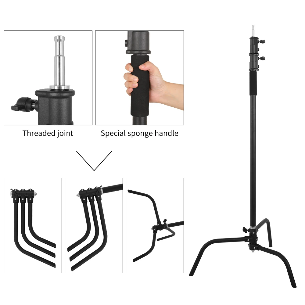 SH 2.6M Black C-Stand Stainless Steel Frosting Foldable Light Stand Tripod Magic Leg Photography For Spot Light,Softbox