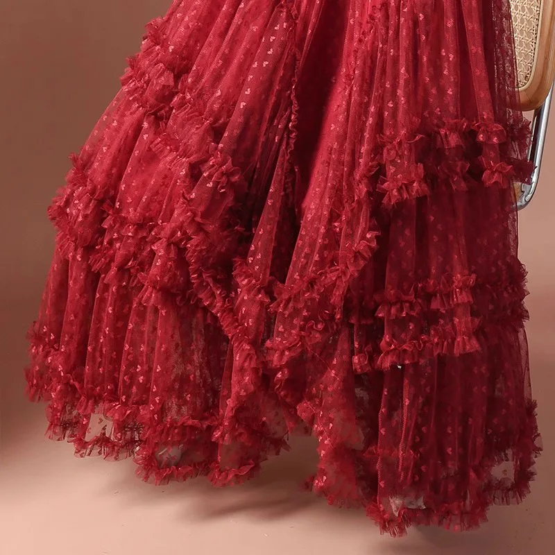 Boho Queens Women Irregular Hem High Waist Pleated embroidery Maxi Skirt Fashion Mesh Loose Puffy Skirt Fairy Cake Skirts