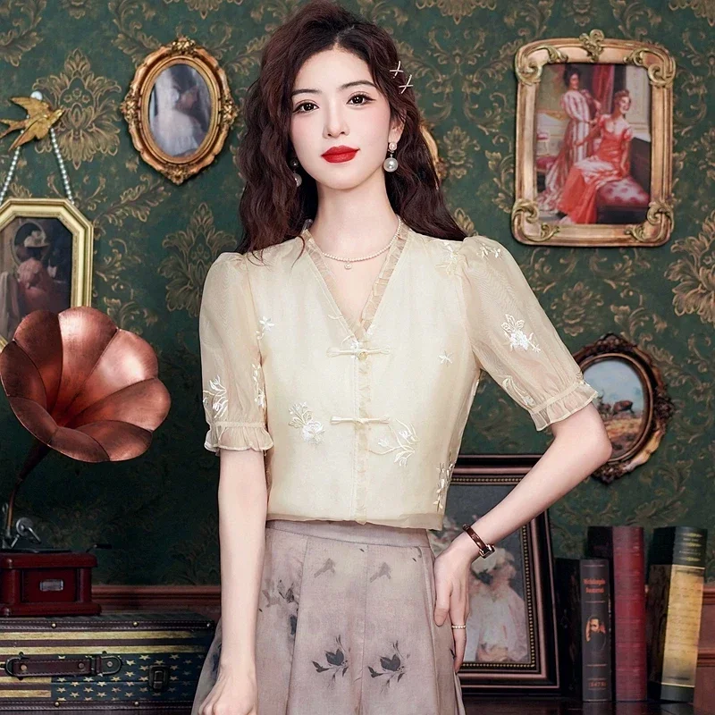 자수 브이넥 시폰 셔츠 블라우스, 여성용 반팔 상의, 2024 베라노 블라우스 H733, 여름