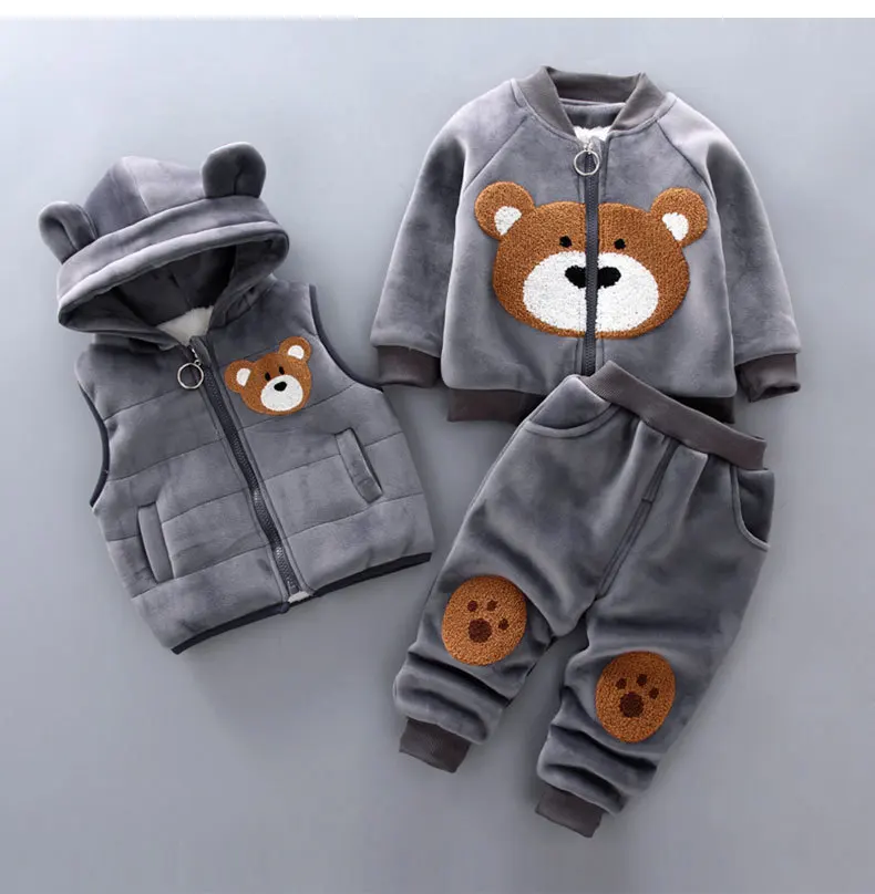

2022 Winter Baby Boys Girls Clothes Kids Thickening Plus Velvet Warm Veat+Tops+Pants 3pcs Outfits Suit Children Clothing Sets