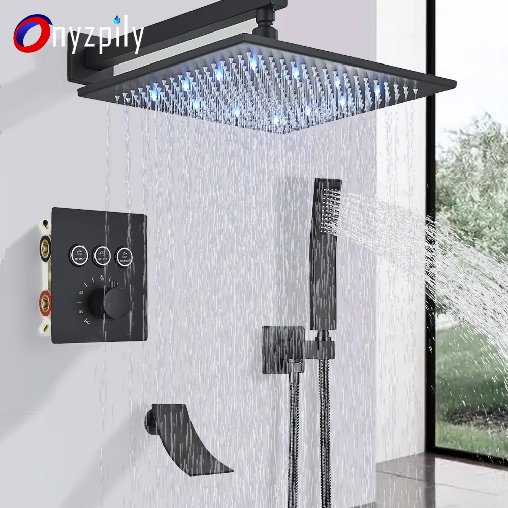 Black LED Thermostatic Modern Bathroom Whirlpool Shower Faucet Set Rain Waterfall Bathtub System Mixer Wall Mounted Button Tap