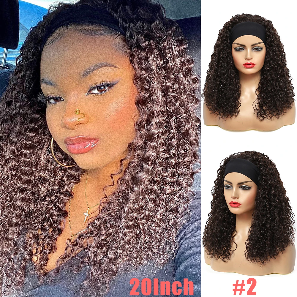 

Deep Wave Synthetic Headband Wigs 20 inches Short Curly Darker Brown for Black Women Soku Kinky Curly Full Machine Made Wig