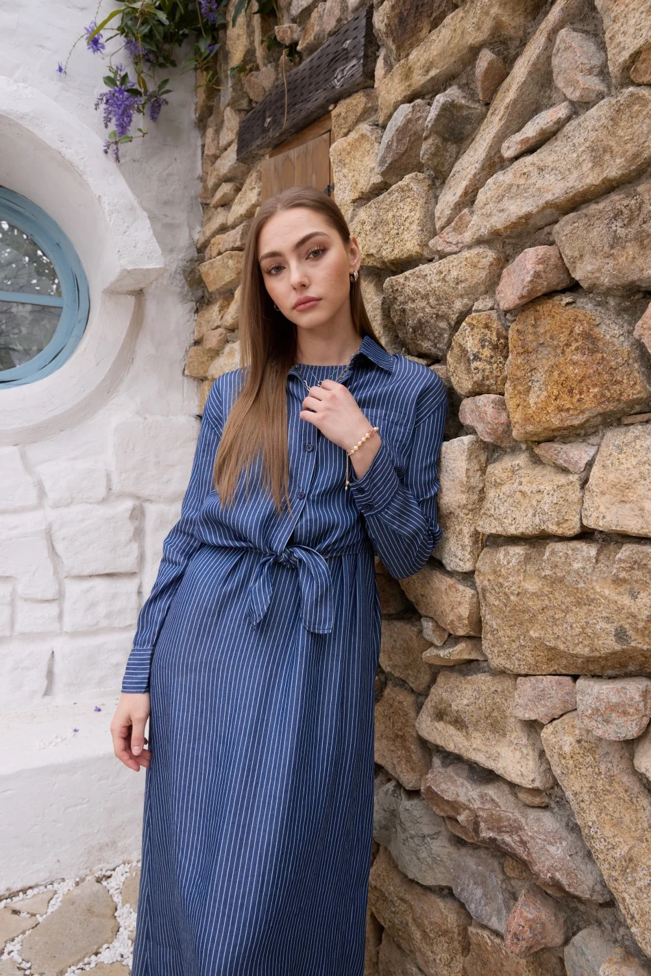 Women's Lightweight Denim Pinstripe Wrap Blouse And Maxi Dress Set — photo 6