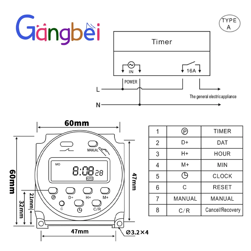 Interruptor horario dig diario 1s-168h 1NA/NC 220Vac Chint