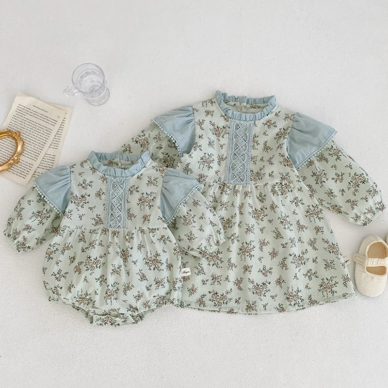 

Korean Style Spring Autumn Toddler Baby Girl Sisters Clothes Infant Floral Princess Dresses Baby Long Sleeves Rompers Clothing