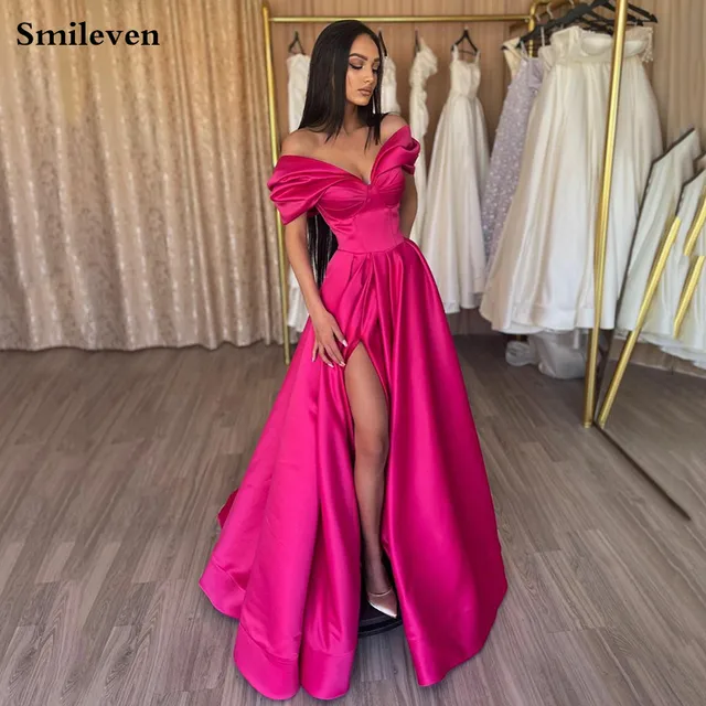 Smileven Hot Pink Formal Evening Dress Satin Off The Shoulder Side