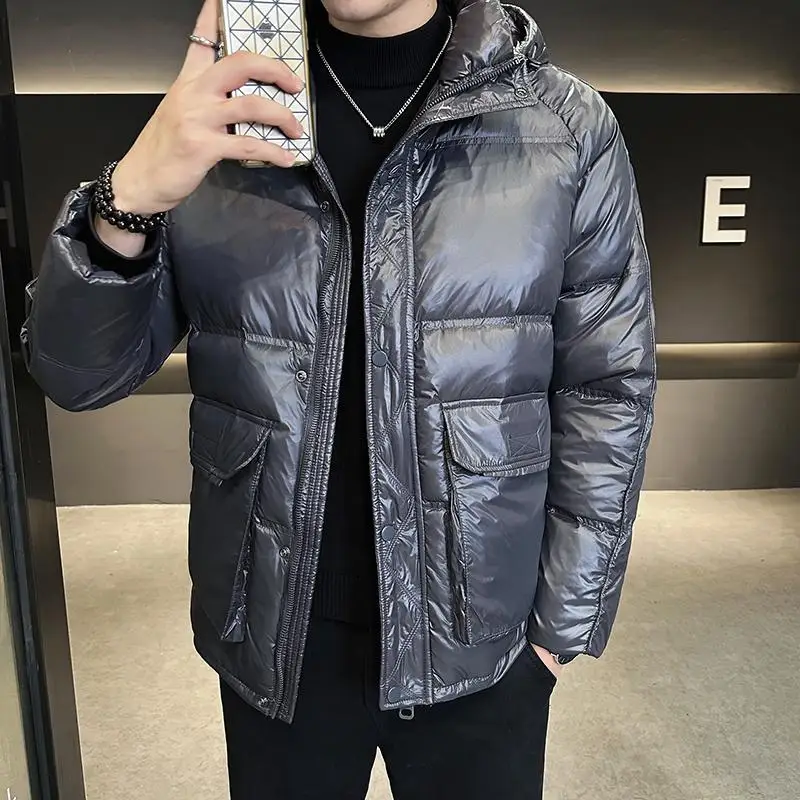 New 2023 Winter Men's Solid Color Duck Down Jacket Outwear Warm Bright Hooded Puffer Coat Plus Size Waterproof Thick Down Parkas