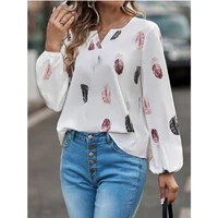 Mode femme Blouse chemises pour femmes haut élégant à manches longues motif de plumes femmes hauts élégant en mousseline de soie Mujer femme vêtements 6