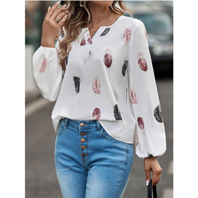Fashion Woman Blouse Shirts For Women Stylish Top long Sleeve Feather Pattern Female Tops Elegant Chiffon Mujer Woman Clothes - Image 6