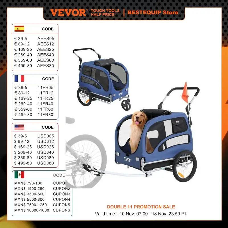 VEVOR 100 lbs Dog Bike Trailer 2-in-1 Pet Stroller with Folding Cart Frame Reflectors Bicycle Coupler Carrier for Pet Dogs
