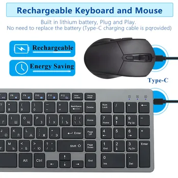 Rechargeable wireless keyboard and mouse Russian Hebrew ultra thin mute with side keys for computers