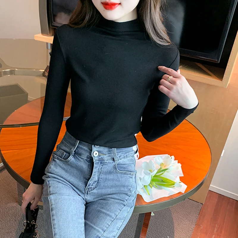 Winter New Plush Thickened Half High Neck Fashion and Foreign Style Versatile Fit Solid Color Underlay Top for Women