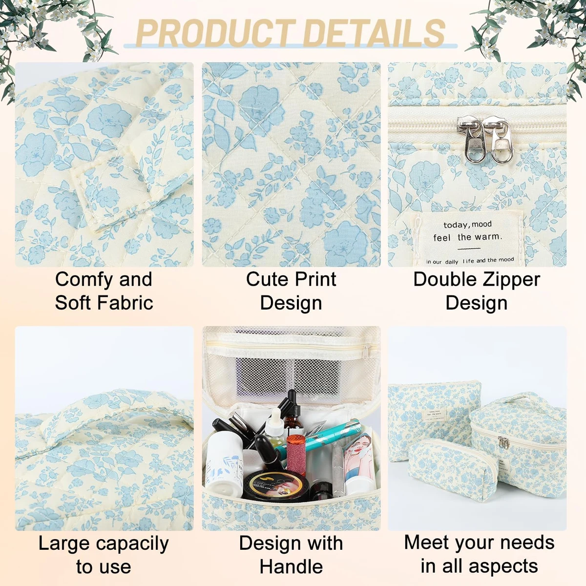 YANZAI 3 Pcs Cotton Quilted Makeup Bag Set, Floral Cotton Cosmetic Bag, Aesthetic Women's Large Capacity Toiletry Organizer 4